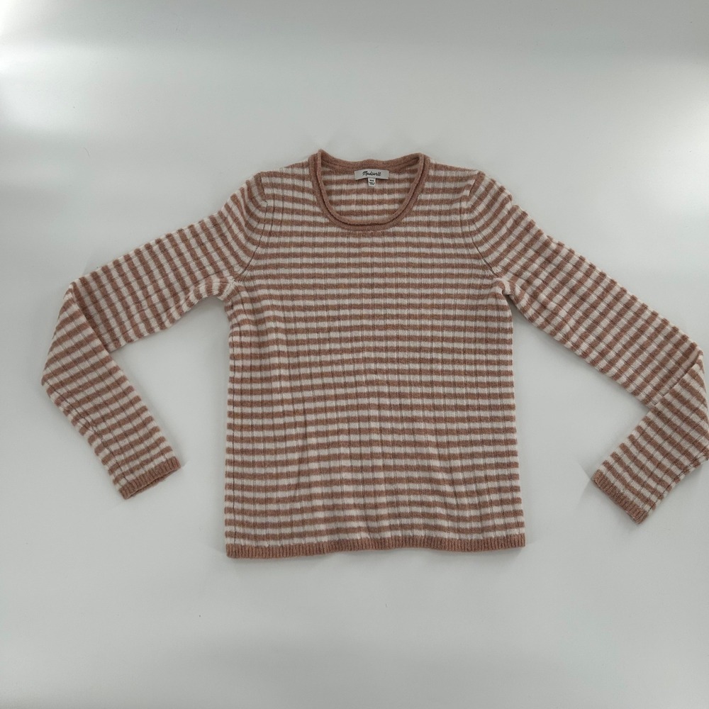 Madewell Womens Striped Ribbed Knit Long Sleeve Crew Neck Sweater‎ XXS Tan White - Picture 15 of 16